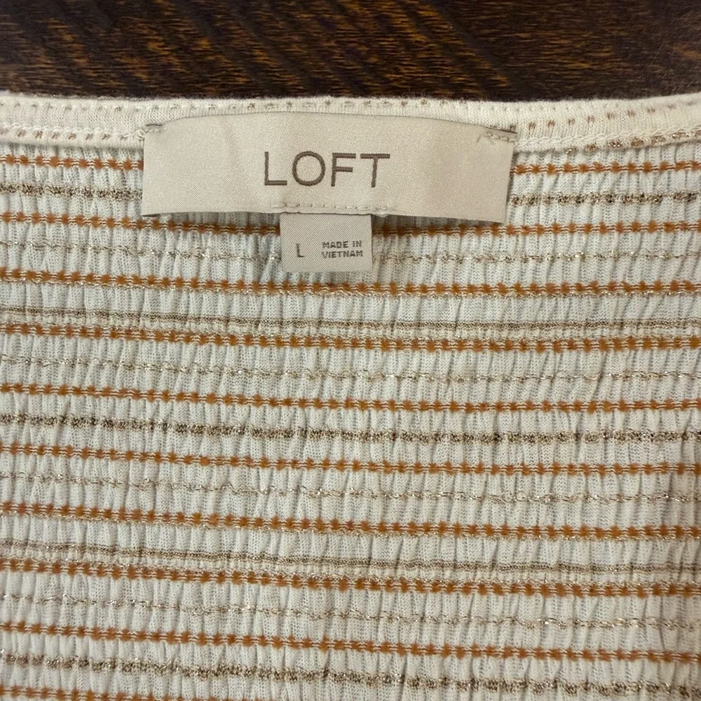 LOFT Gold Shimmer Square Neck Puff Sleeve Knit Top Large